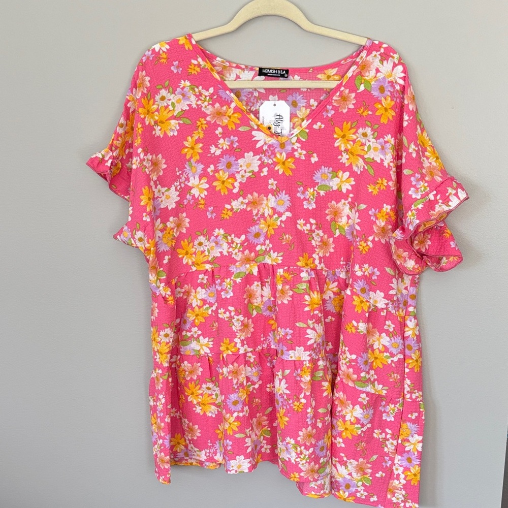 HEIMISH USA Pink Floral V-Neck Tiered Tunic